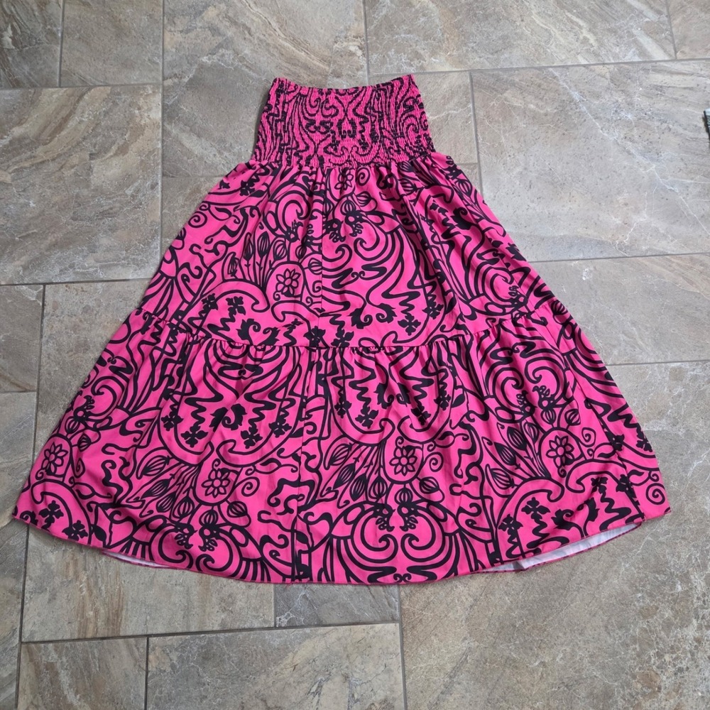 Womens‎ Pink Black Bold Print Smocked Maxi Skirt Beach Vacation Dress S